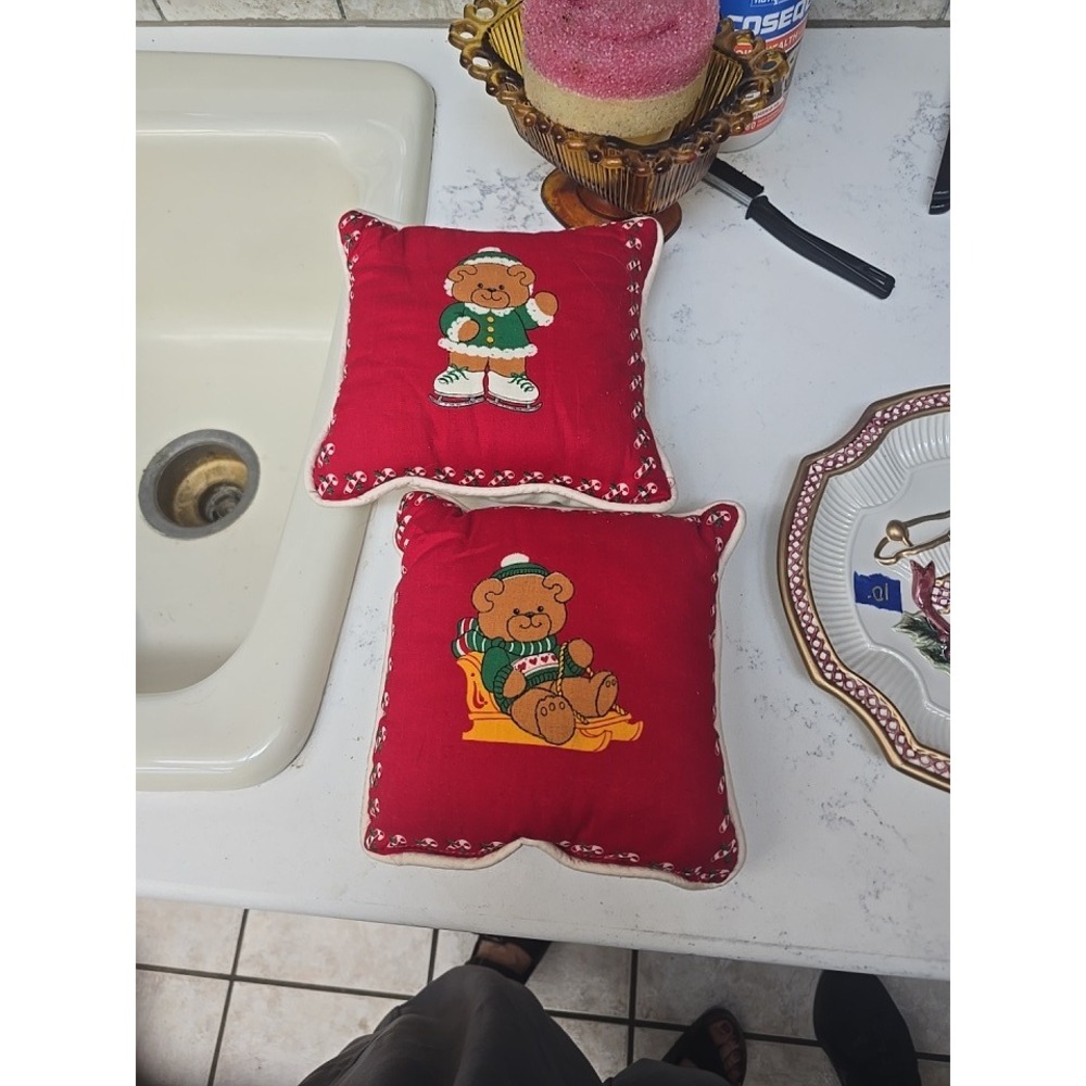 Vintage Christmas Teddy Bear Throw Pillows Set of 2 Red Holiday Decor Sled Skate